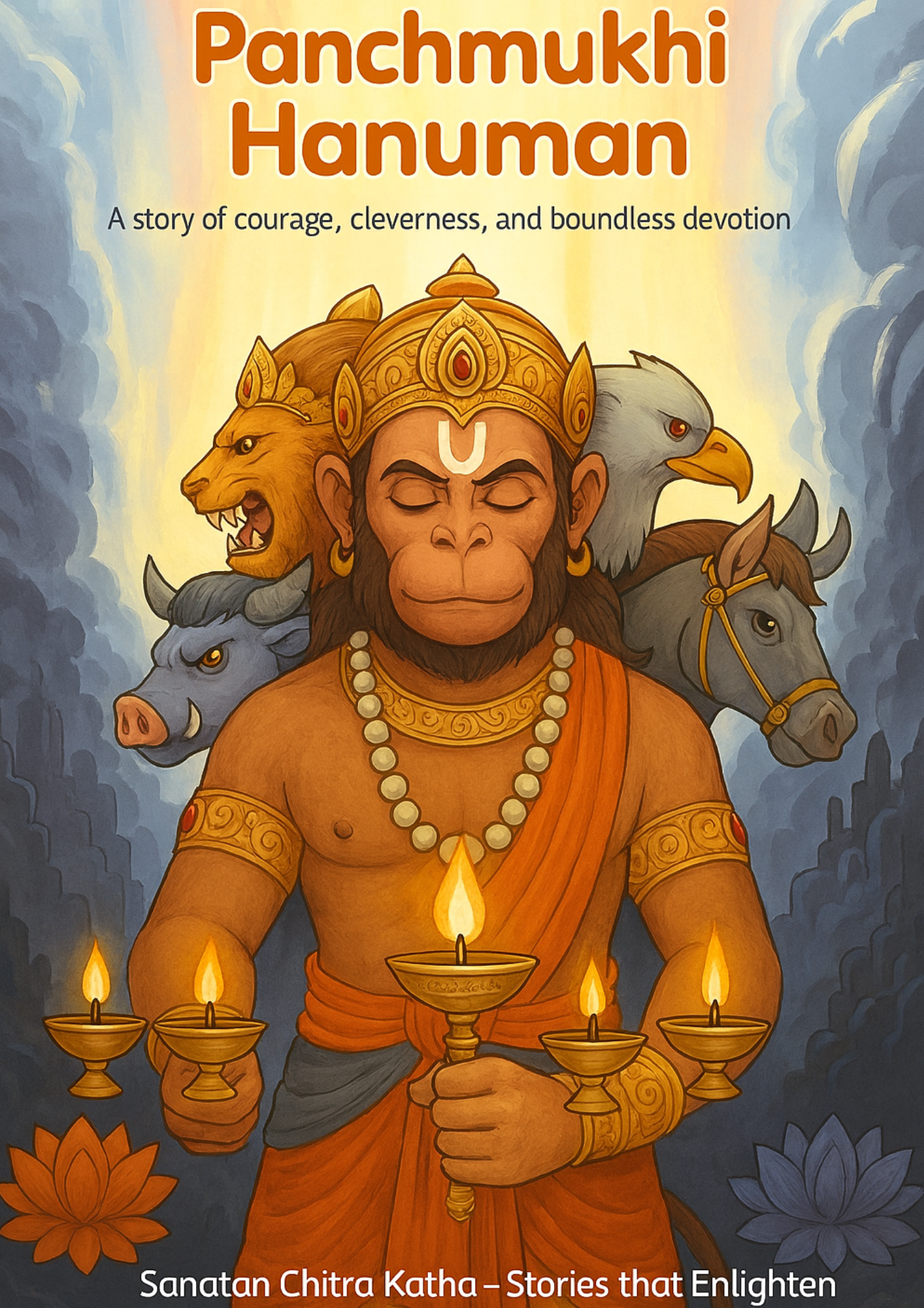 Cover: Panchmukhi Hanuman with five radiant faces in a dark temple.